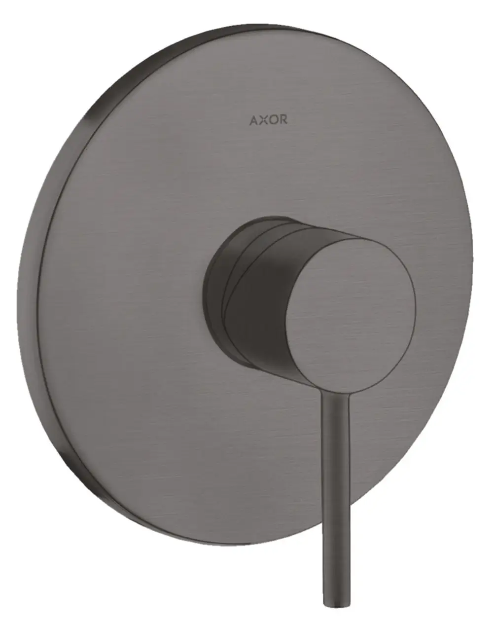 Unterputz-Brausemischer in Brushed Black Chrome von AXOR, runde Frontplatte mit einem seitlichen Griff für die Temperatur- und Durchflussregulierung.